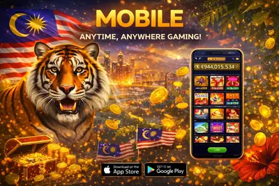 Mobile Betting App Tiger-themed background with a phone displaying diverse casino games for mobile play