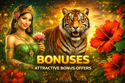 Exclusive Bonus Offers Beautiful host with tiger and Malaysia flag presenting attractive casino bonus promotions