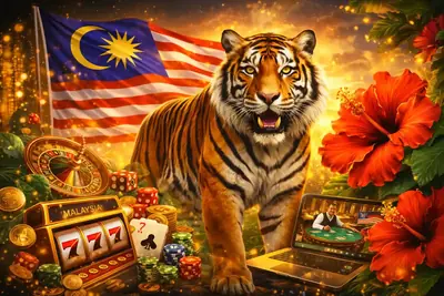 Malaysia Casino Welcome Tiger mascot with Malaysia flag and casino chips representing local online gambling platform