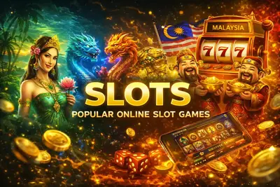 Popular Slots Malaysia Graphic featuring dragons and God of Wealth highlighting popular online slot games in Malaysia