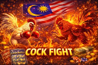 Traditional cockfighting betting graphic featuring roosters and Malaysia flag background