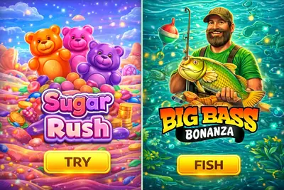 Comparison banner featuring Sugar Rush and Big Bass Bonanza online slot games